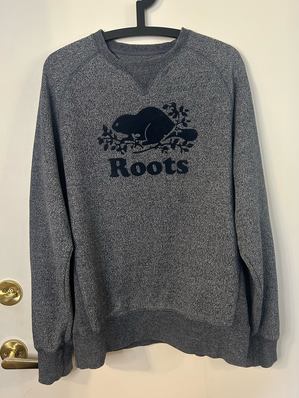 Roots Men's Navy and Gray Heathered Crewneck with Navy Logo Size M